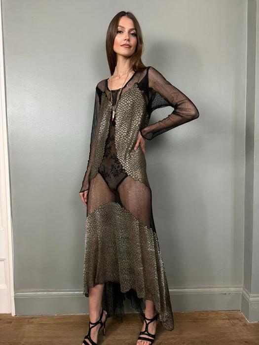 Monica, 20s black fishnet and silver lamé dress