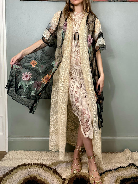 Tilly, 20s cream and black floral lace robe