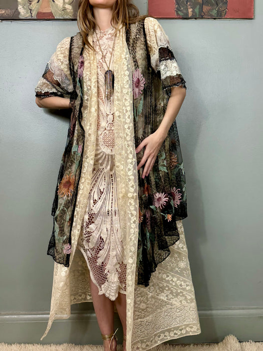 Tilly, 20s cream and black floral lace robe