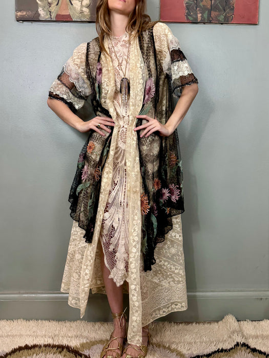 Tilly, 20s cream and black floral lace robe