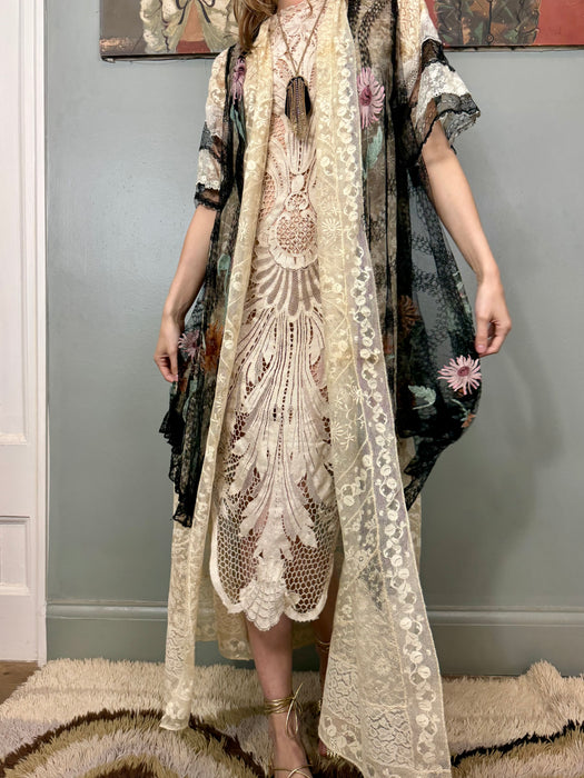 Tilly, 20s cream and black floral lace robe