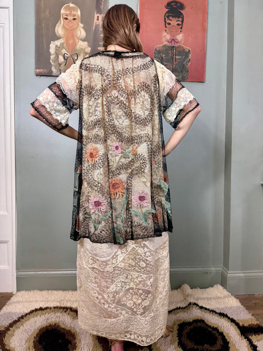 Tilly, 20s cream and black floral lace robe