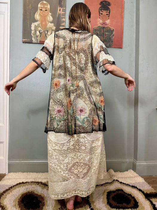 Tilly, 20s cream and black floral lace robe