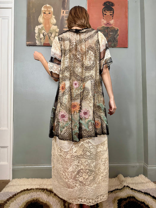 Tilly, 20s cream and black floral lace robe