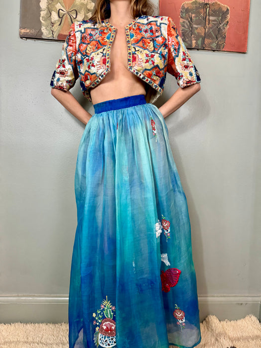 Belville Sassoon, 80s organza blue ombré embroidered skirt