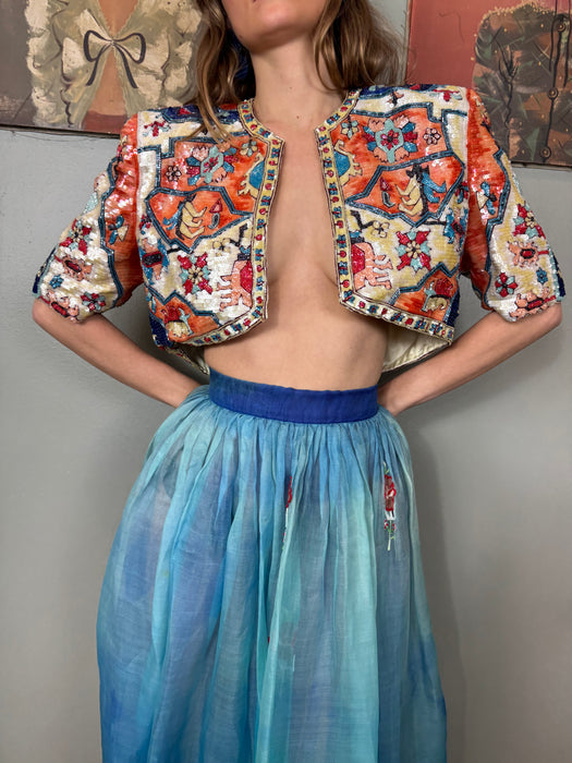 Belville Sassoon, 80s organza blue ombré embroidered skirt