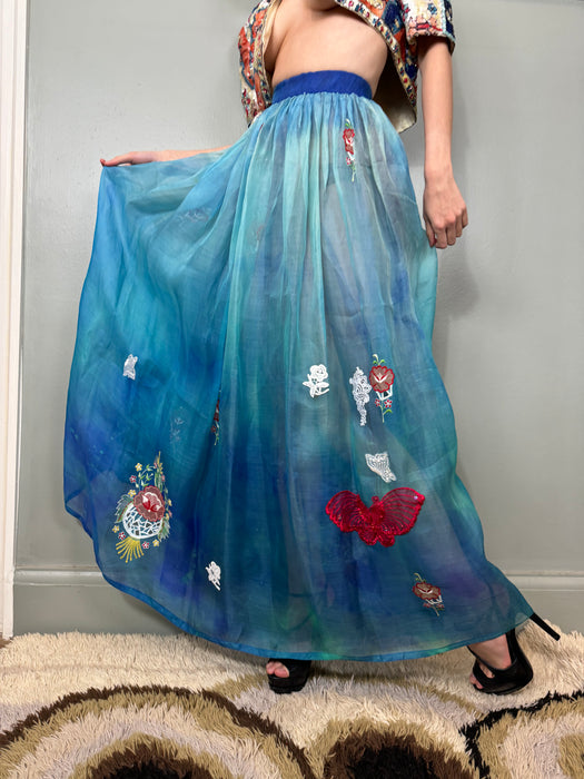 Belville Sassoon, 80s organza blue ombré embroidered skirt