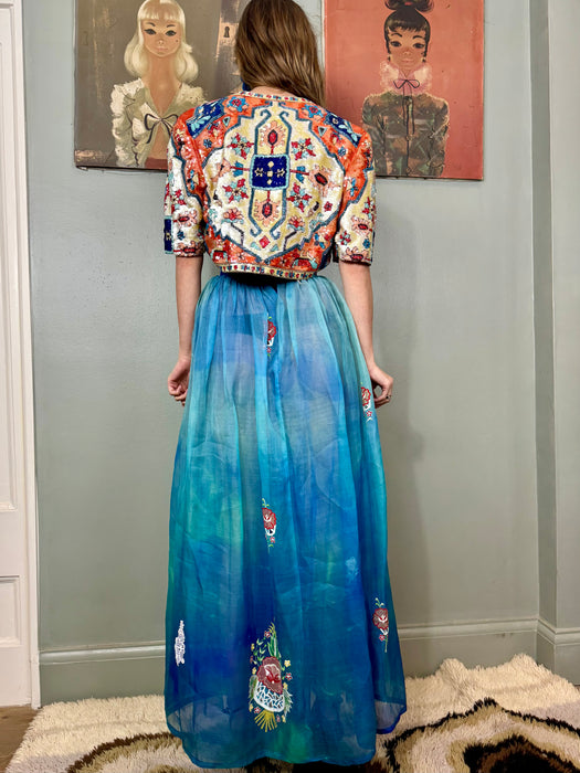 Belville Sassoon, 80s organza blue ombré embroidered skirt