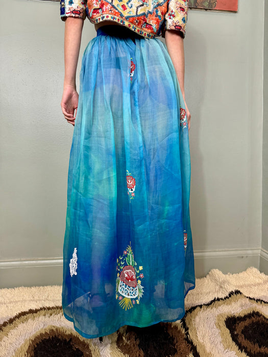 Belville Sassoon, 80s organza blue ombré embroidered skirt