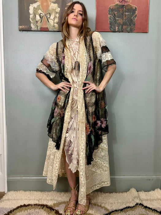 Tilly, 20s cream and black floral lace robe