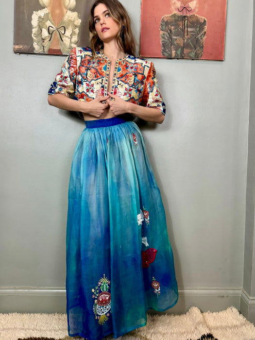 Belville Sassoon, 80s organza blue ombré embroidered skirt