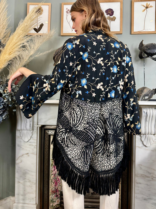 Edna, reworked 30s silk embroidered jacket with fringed tail