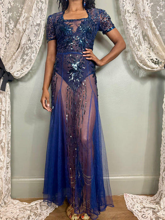 Aura, 30s midnight blue net and sequins gown