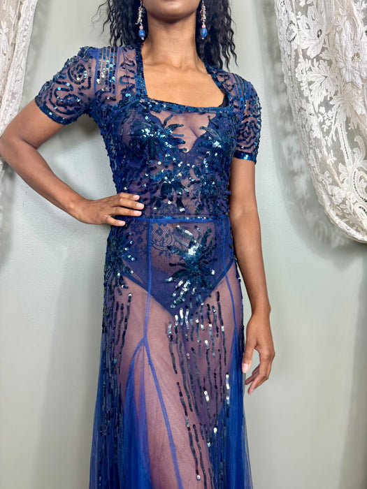 Aura, 30s midnight blue net and sequins gown