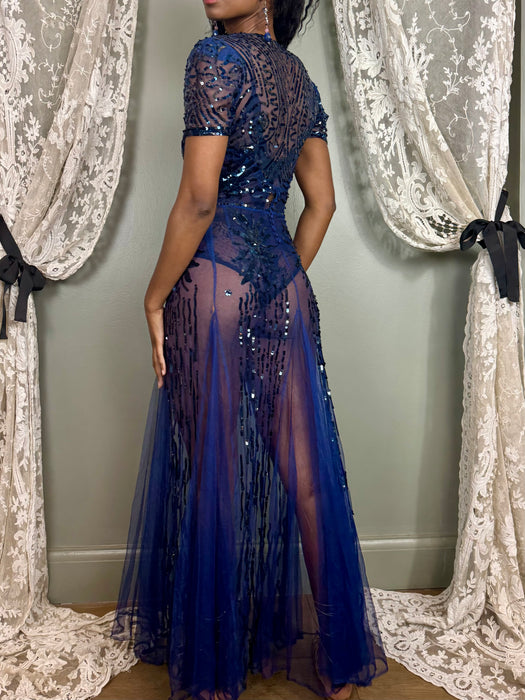 Aura, 30s midnight blue net and sequins gown