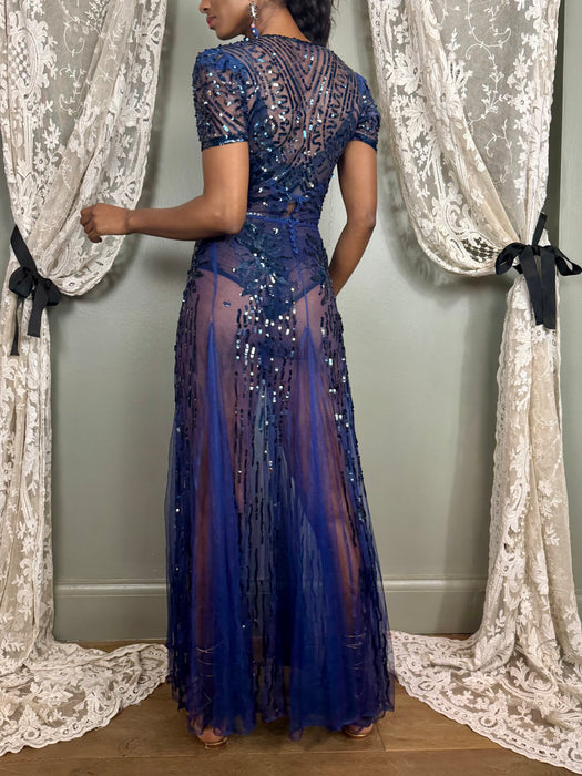 Aura, 30s midnight blue net and sequins gown