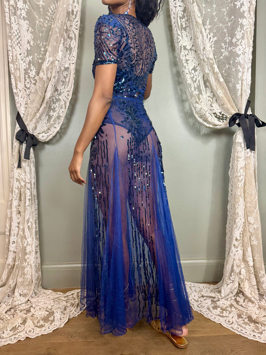 Aura, 30s midnight blue net and sequins gown