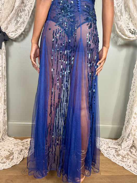 Aura, 30s midnight blue net and sequins gown