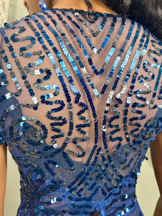 Aura, 30s midnight blue net and sequins gown