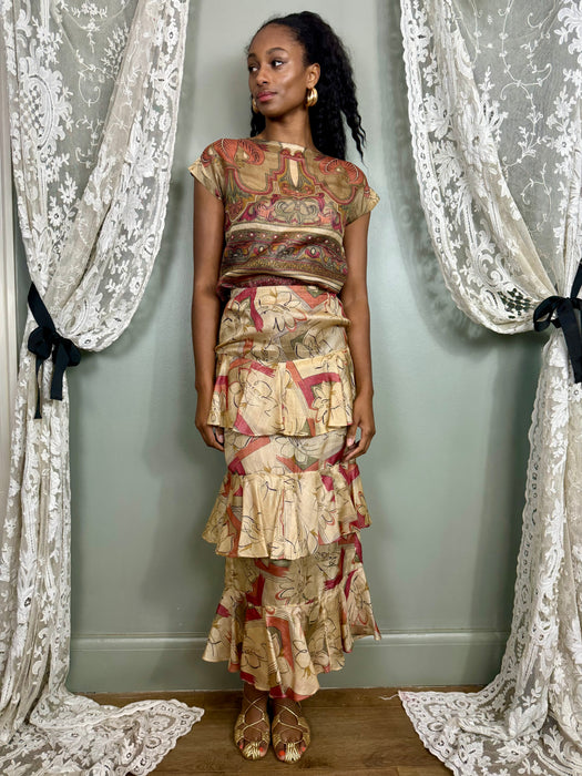 Serena, Art Deco 20s silk print top and skirt