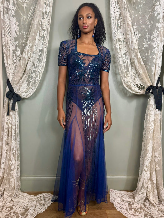 Aura, 30s midnight blue net and sequins gown