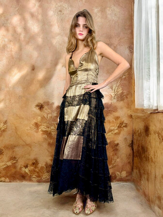 Appoline, 30s gold lamé and black lace dress