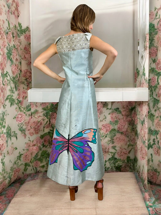 Mariposa, 60s beaded hand painted silk dress