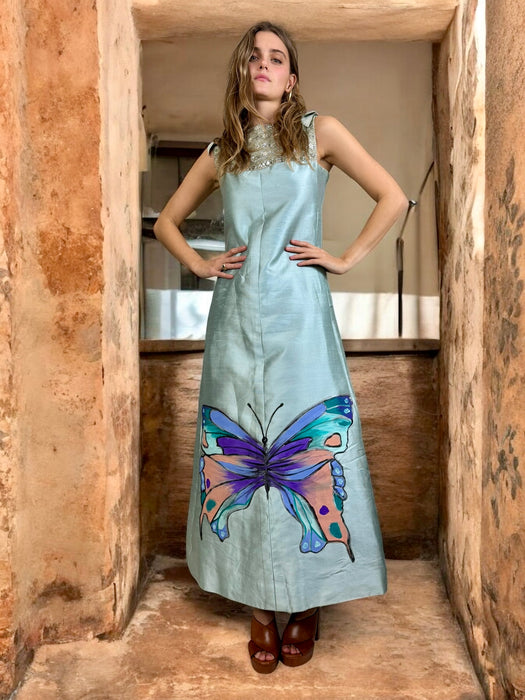 Mariposa, 60s beaded hand painted silk dress