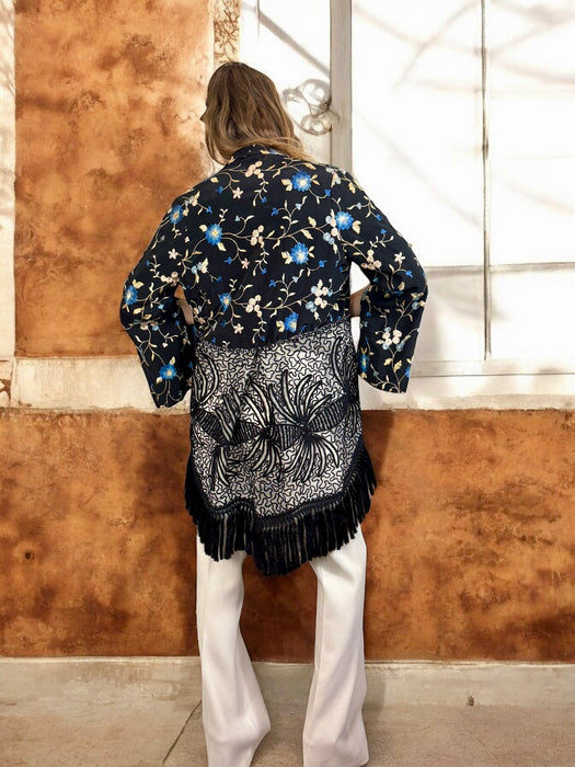 Edna, reworked 30s silk embroidered jacket with fringed tail