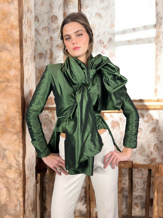 Ronit, bottle green silk top with large necktie