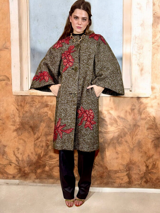 Kamala, one-off original 40s tweed coat with floral appliqués