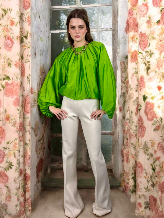 Bodil, green silk pleated blouse