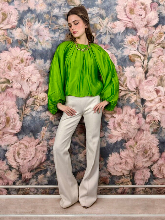 Bodil, green silk pleated blouse