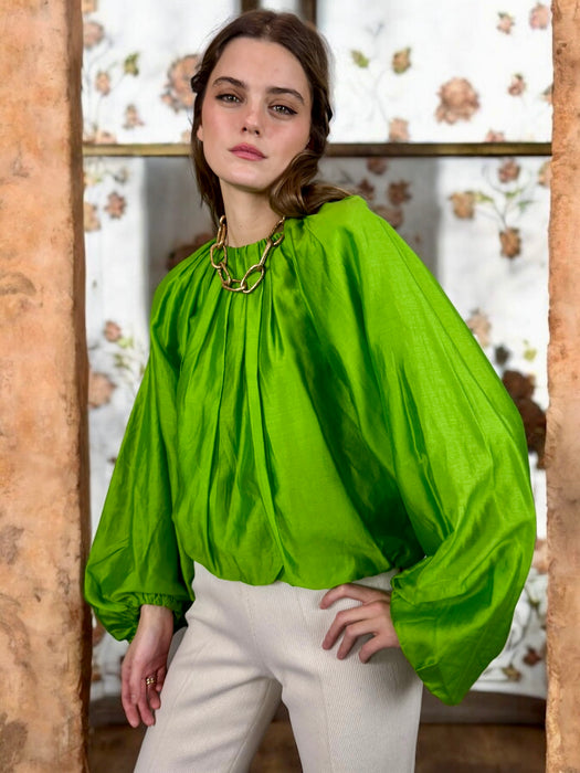 Bodil, green silk pleated blouse